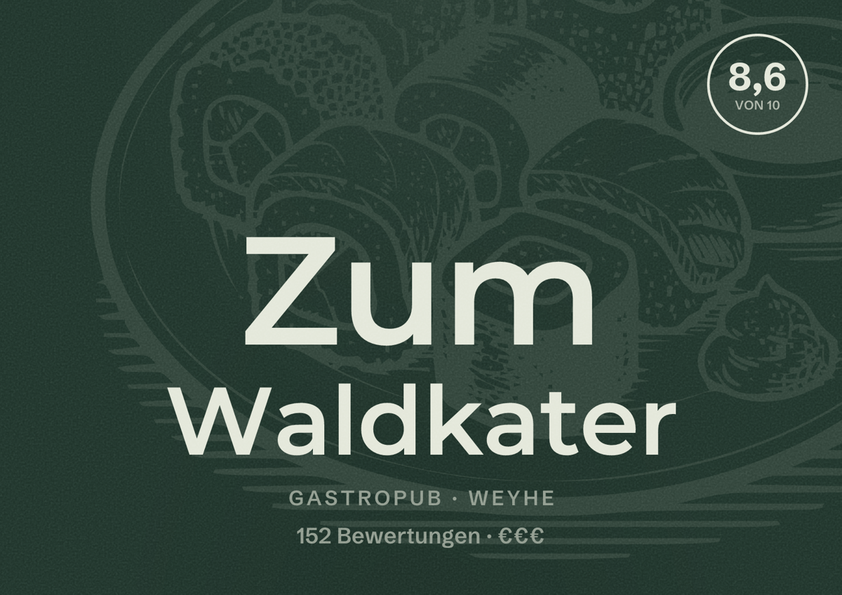Illustriertes Poster von Zum Waldkater, Gastropub in Weyhe: Bewertung 8,6 von 10 aus 152 Bewertungen, Preisniveau €€€