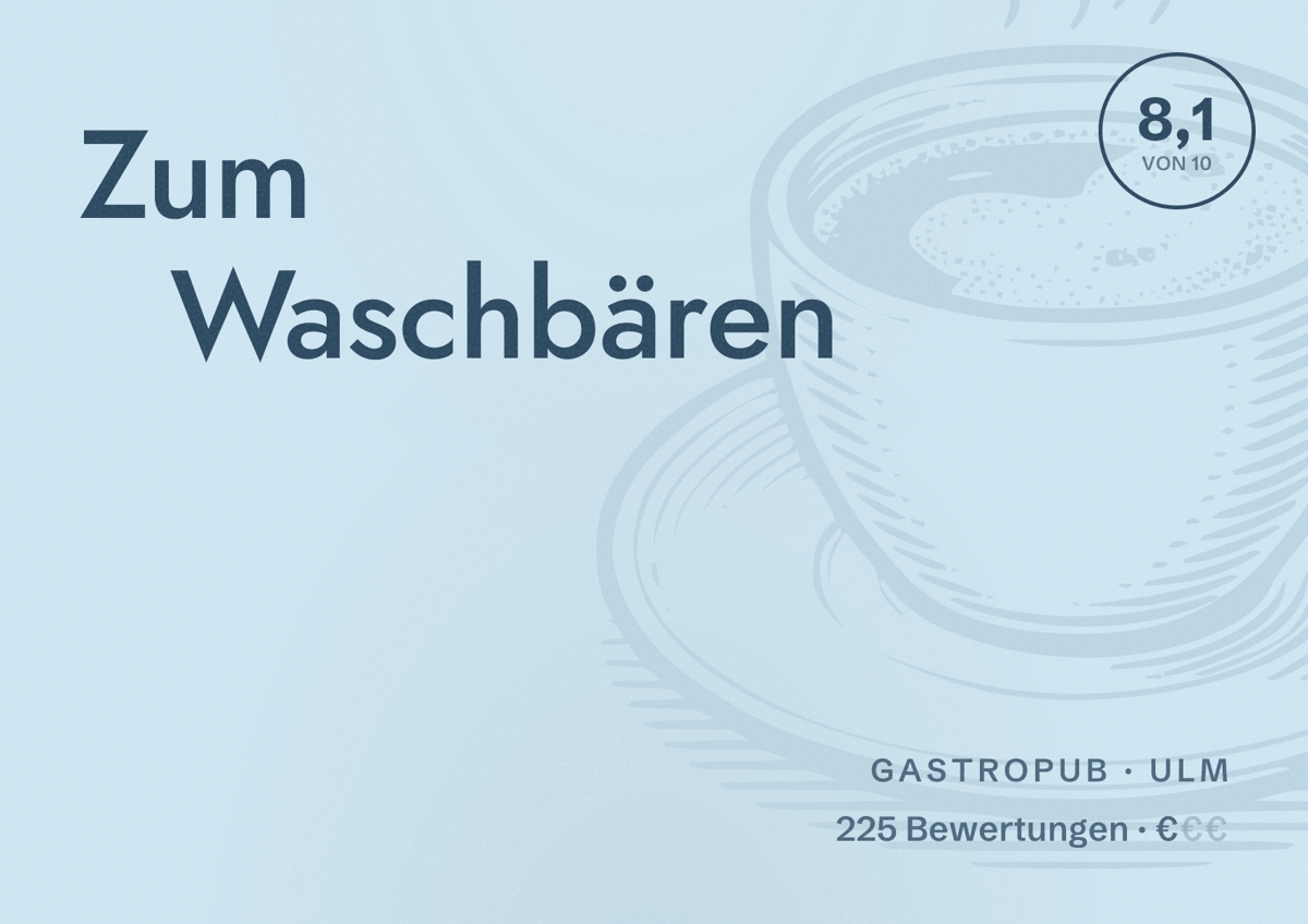 Illustriertes Poster von Zum Waschbären, Gastropub in Ulm: Bewertung 8,1 von 10 aus 225 Bewertungen, Preisniveau €