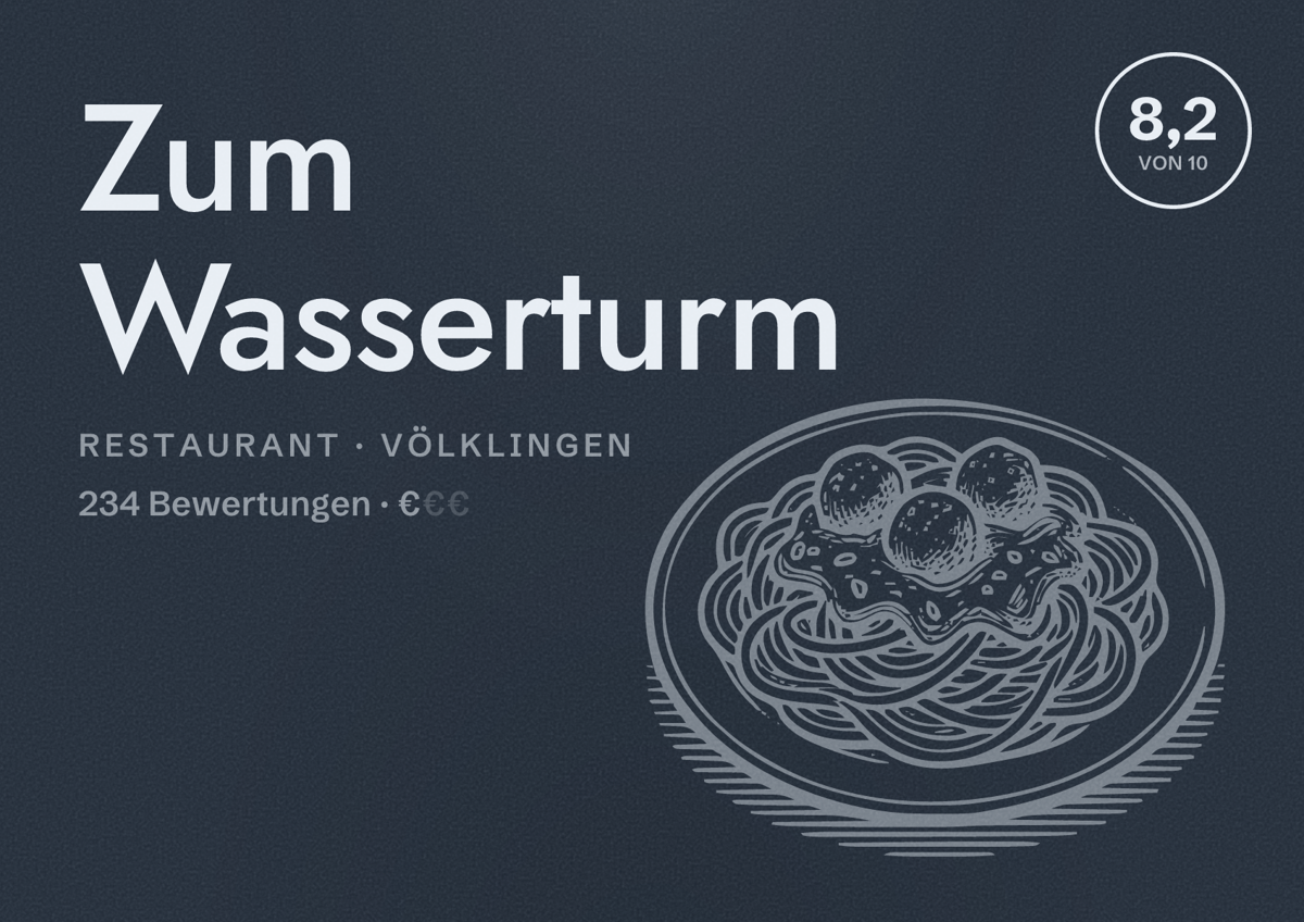 Illustriertes Poster von Zum Wasserturm, Restaurant in Völklingen: Bewertung 8,2 von 10 aus 234 Bewertungen, Preisniveau €