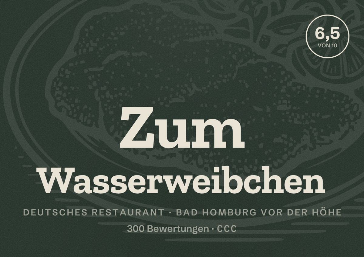 Illustriertes Poster von Zum Wasserweibchen, Deutsches Restaurant in Bad Homburg vor der Höhe: Bewertung 6,5 von 10 aus 300 Bewertungen, Preisniveau €€€