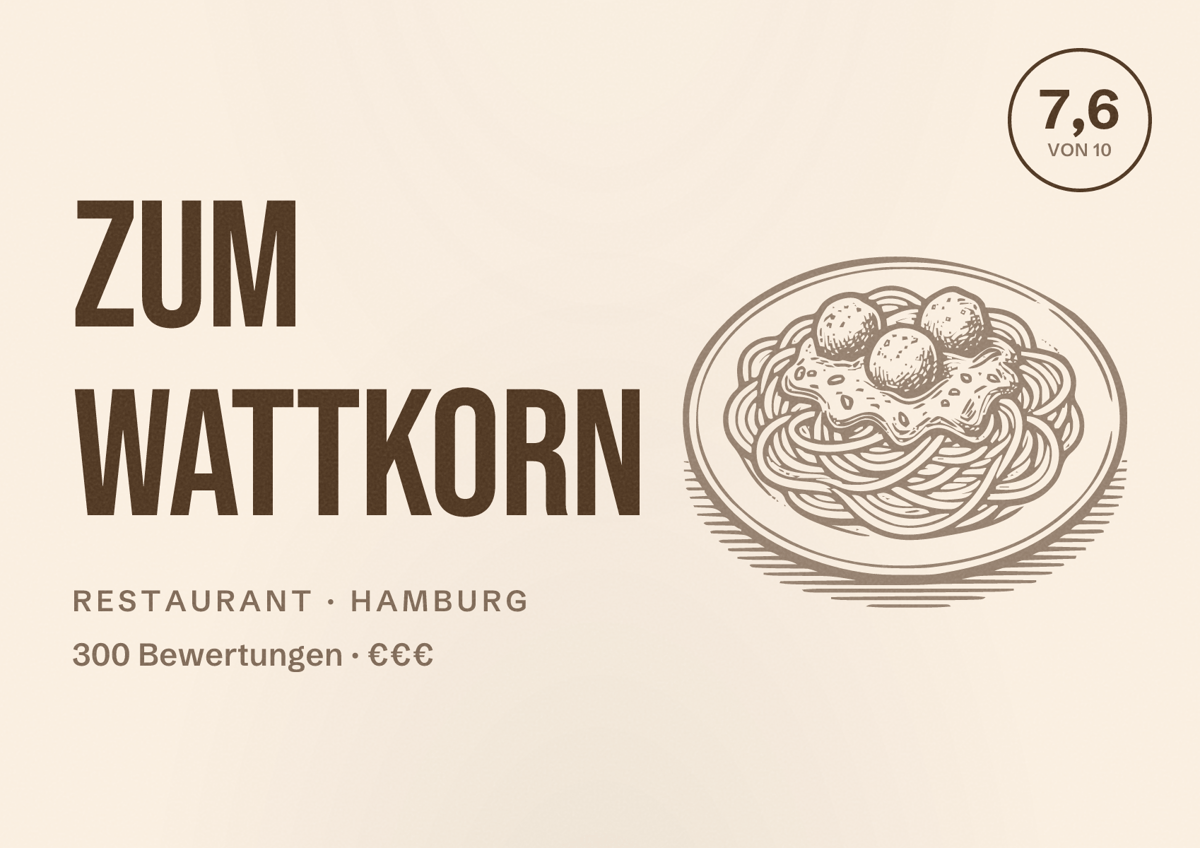 Illustriertes Poster von Zum Wattkorn, Restaurant in Hamburg: Bewertung 7,6 von 10 aus 300 Bewertungen, Preisniveau €€€