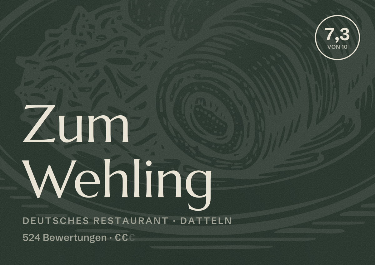 Illustriertes Poster von Zum Wehling, Deutsches Restaurant in Datteln: Bewertung 7,3 von 10 aus 524 Bewertungen, Preisniveau €€