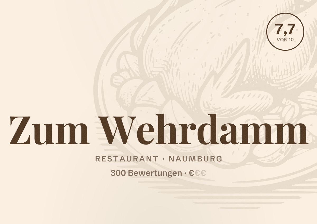 Illustriertes Poster von Zum Wehrdamm, Restaurant in Naumburg: Bewertung 7,7 von 10 aus 300 Bewertungen, Preisniveau €