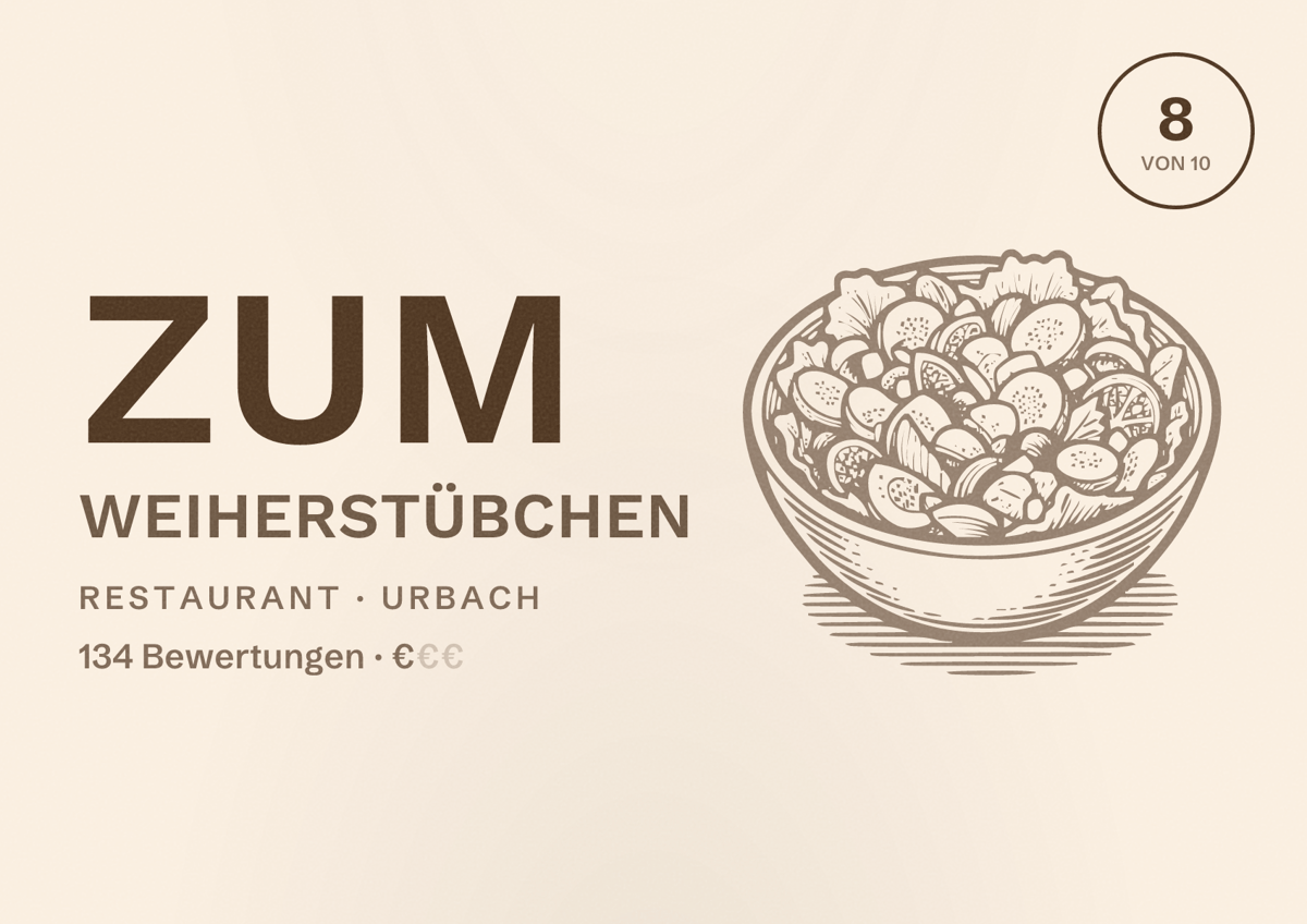Illustriertes Poster von Zum Weiherstübchen, Restaurant in Urbach: Bewertung 8 von 10 aus 134 Bewertungen, Preisniveau €