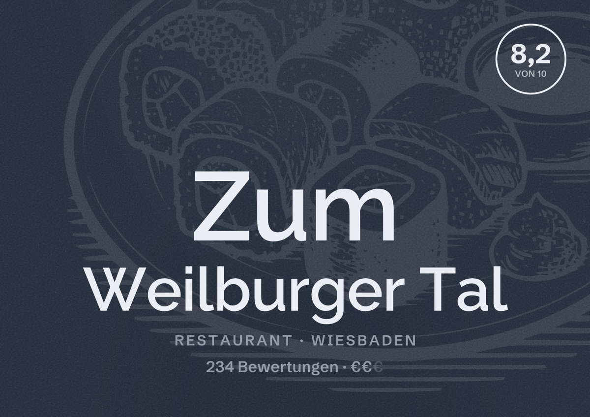 Illustriertes Poster von Zum Weilburger Tal, Restaurant in Wiesbaden: Bewertung 8,2 von 10 aus 234 Bewertungen, Preisniveau €€