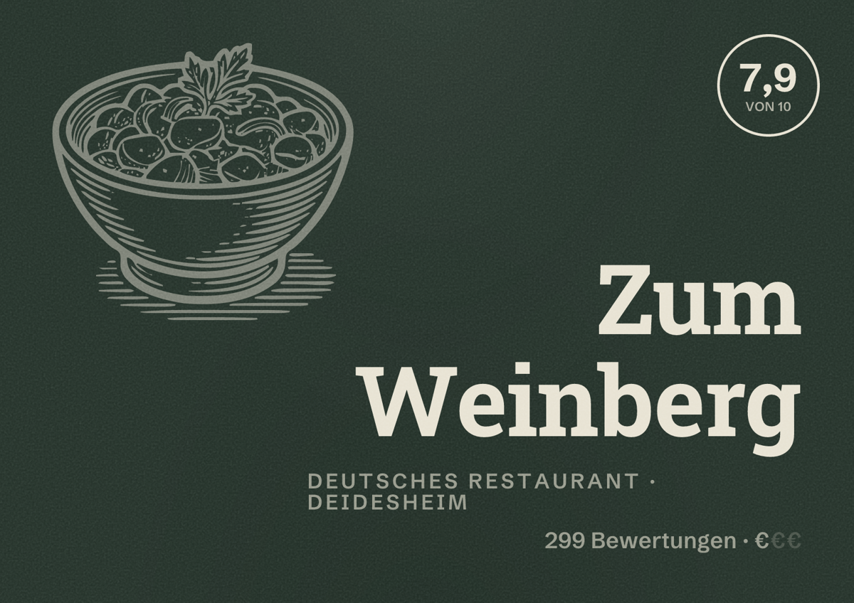 Illustriertes Poster von Zum Weinberg, Deutsches Restaurant in Deidesheim: Bewertung 7,9 von 10 aus 299 Bewertungen, Preisniveau €
