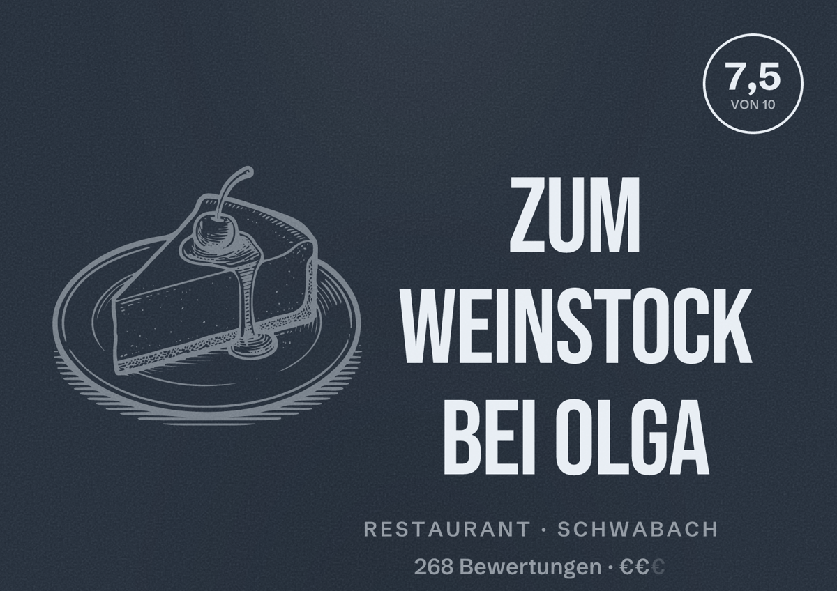 Illustriertes Poster von Zum Weinstock bei Olga, Restaurant in Schwabach: Bewertung 7,5 von 10 aus 268 Bewertungen, Preisniveau €€