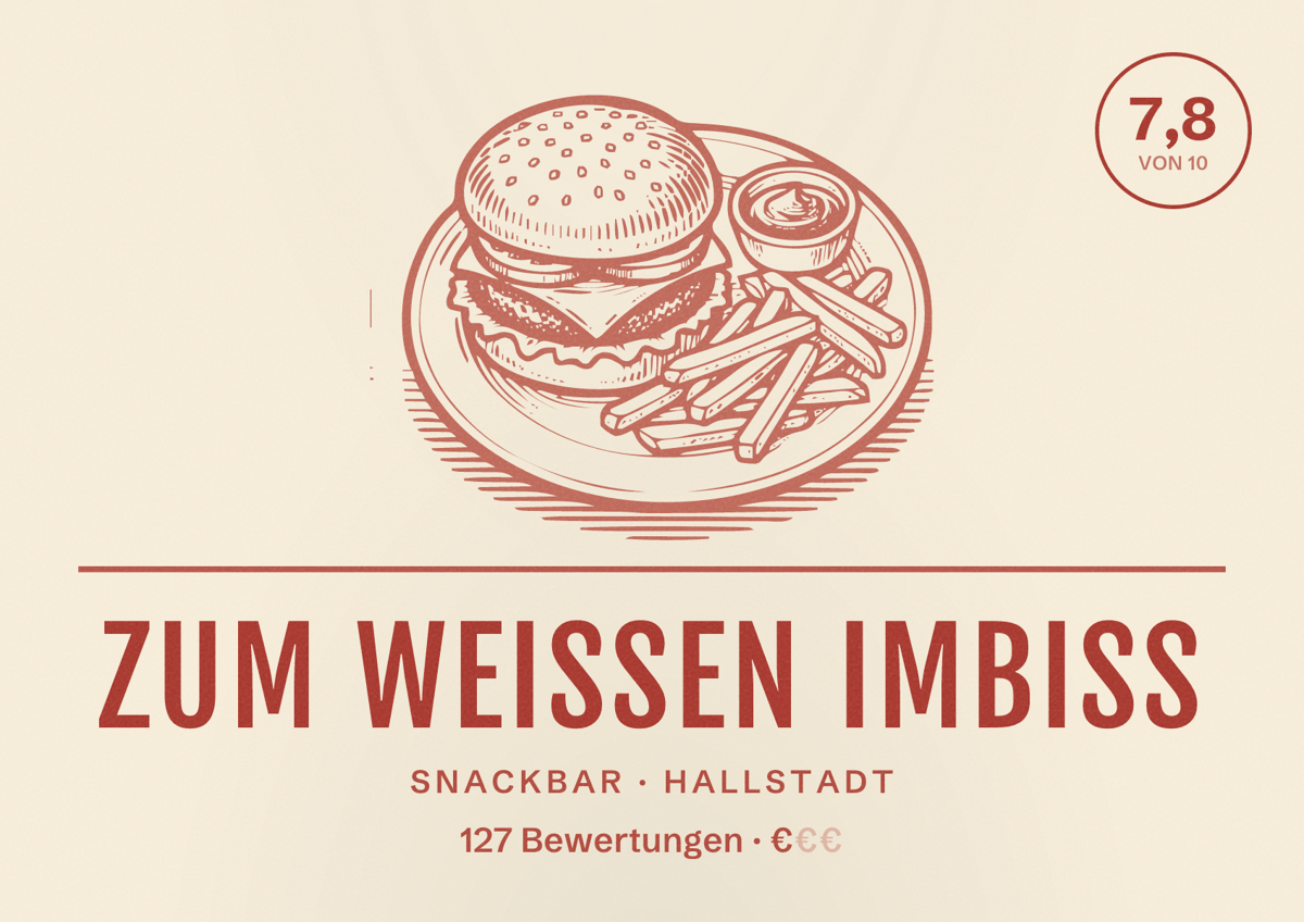 Illustriertes Poster von Zum Weißen Imbiss, Snackbar in Hallstadt: Bewertung 7,8 von 10 aus 127 Bewertungen, Preisniveau €