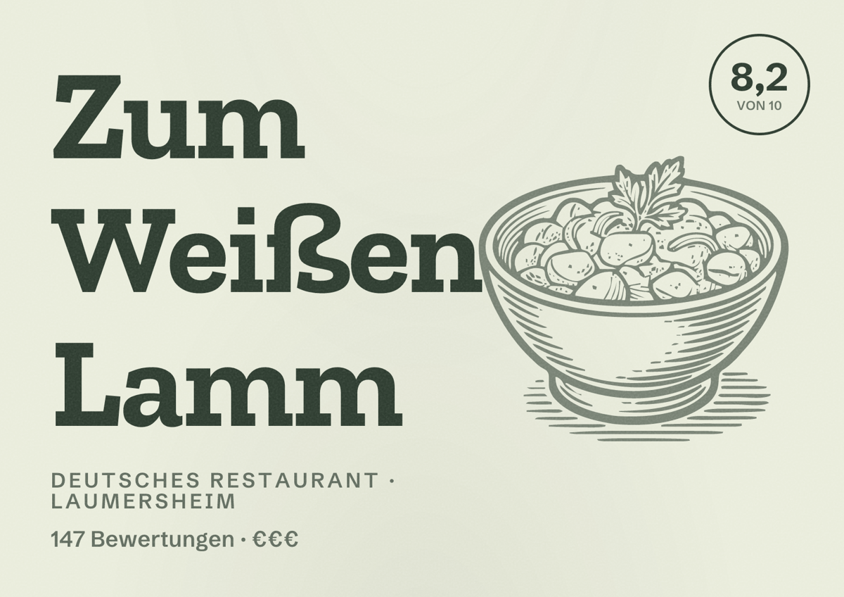 Illustriertes Poster von Zum Weißen Lamm, Deutsches Restaurant in Laumersheim: Bewertung 8,2 von 10 aus 147 Bewertungen, Preisniveau €€€
