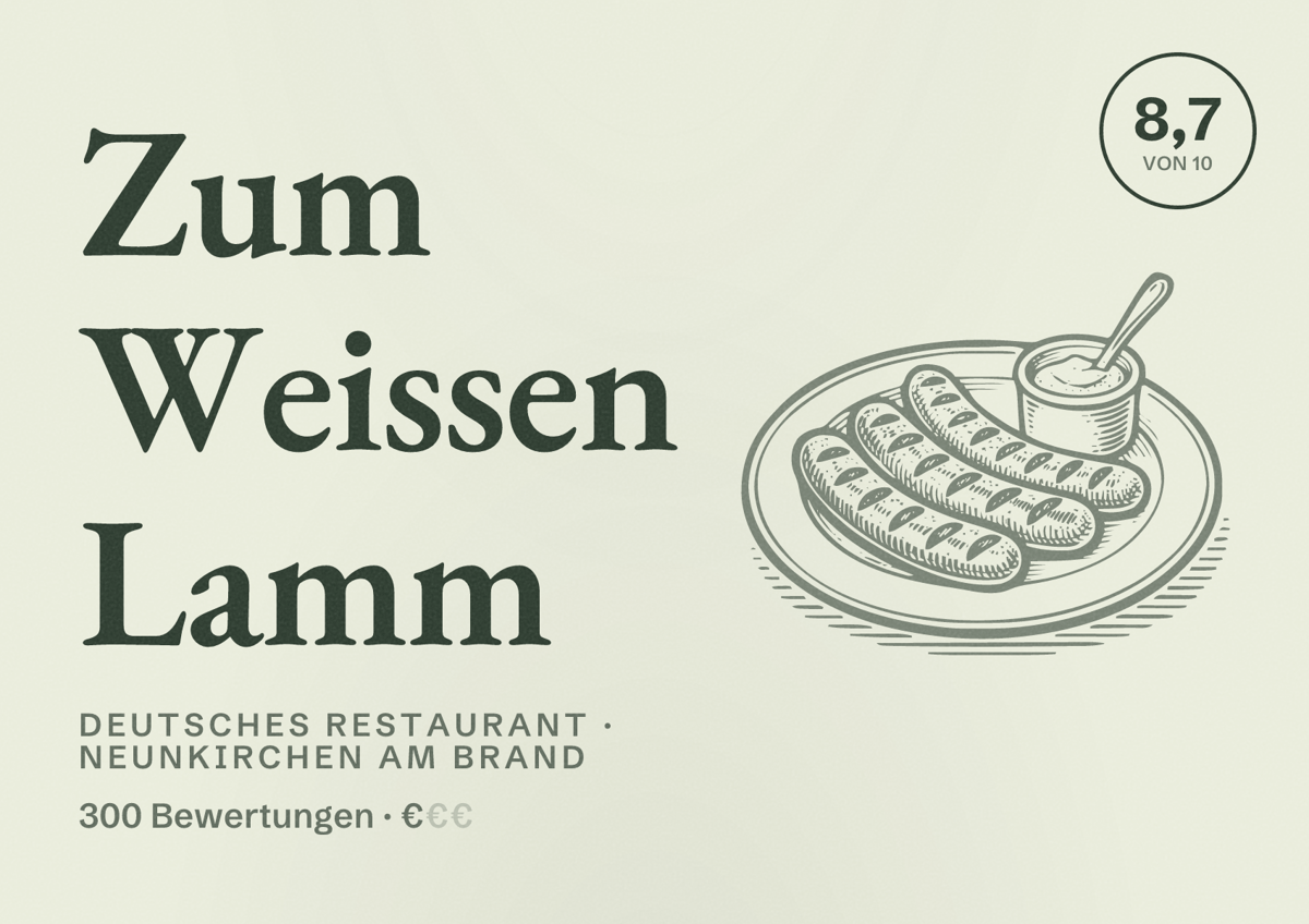 Illustriertes Poster von Zum Weissen Lamm, Deutsches Restaurant in Neunkirchen am Brand: Bewertung 8,7 von 10 aus 300 Bewertungen, Preisniveau €