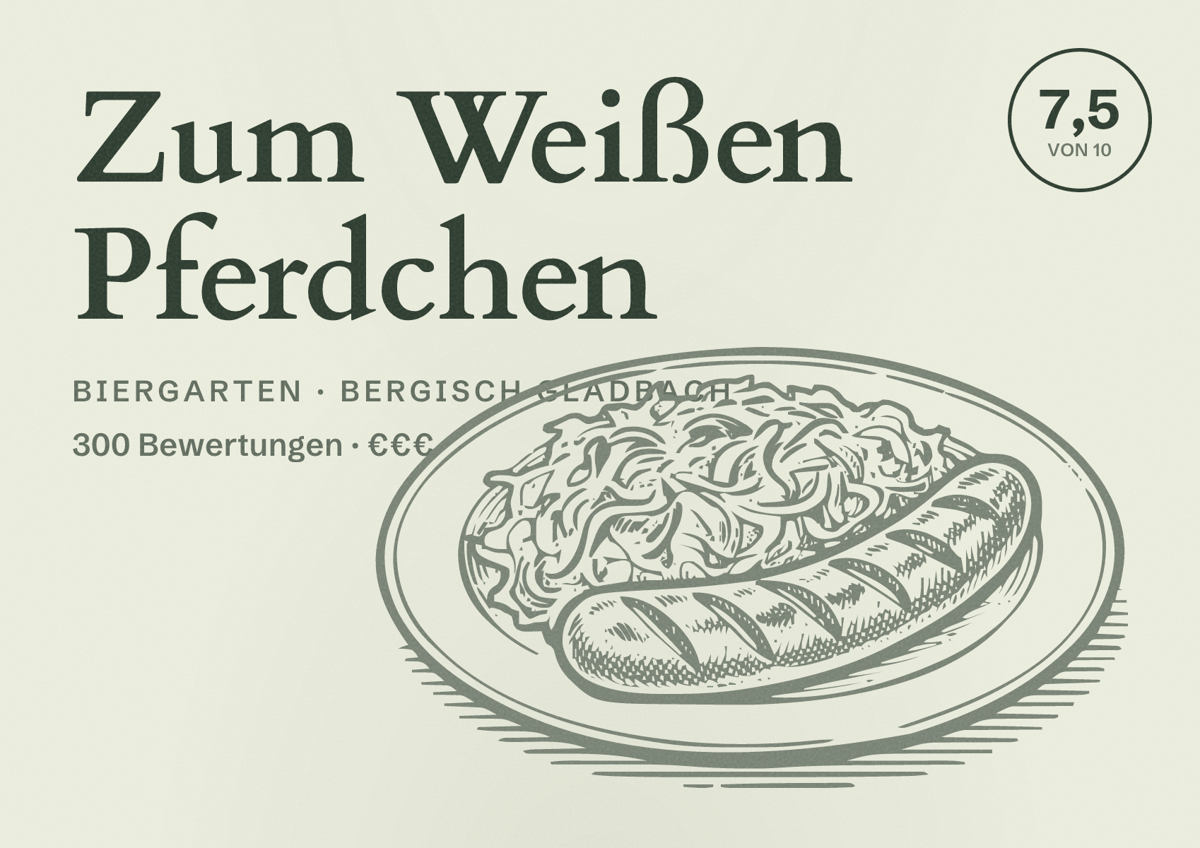 Illustriertes Poster von Zum Weißen Pferdchen, Biergarten in Bergisch Gladbach: Bewertung 7,5 von 10 aus 300 Bewertungen, Preisniveau €€€