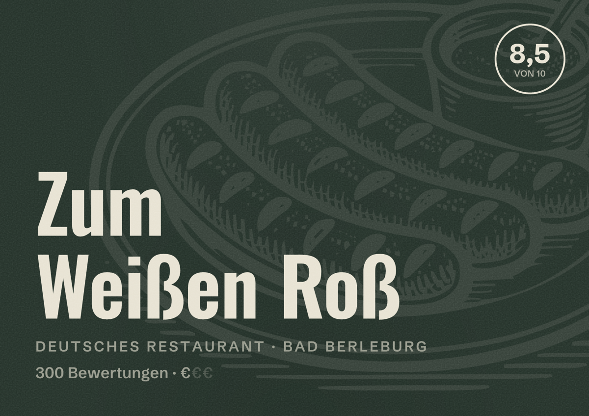Illustriertes Poster von Zum Weißen Roß, Deutsches Restaurant in Bad Berleburg: Bewertung 8,5 von 10 aus 300 Bewertungen, Preisniveau €