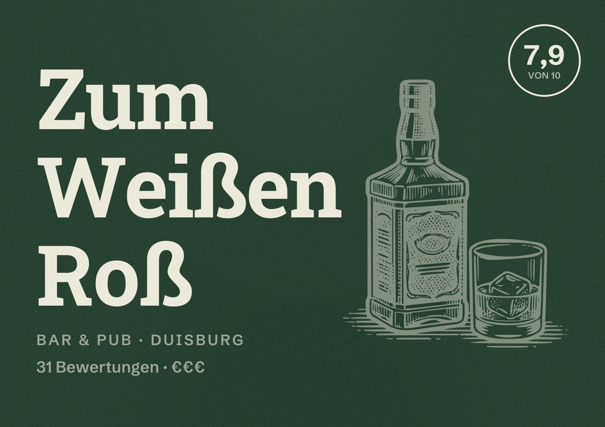 Illustriertes Poster von Zum Weißen Roß, Bar & Pub in Duisburg: Bewertung 7,9 von 10 aus 31 Bewertungen, Preisniveau €€€
