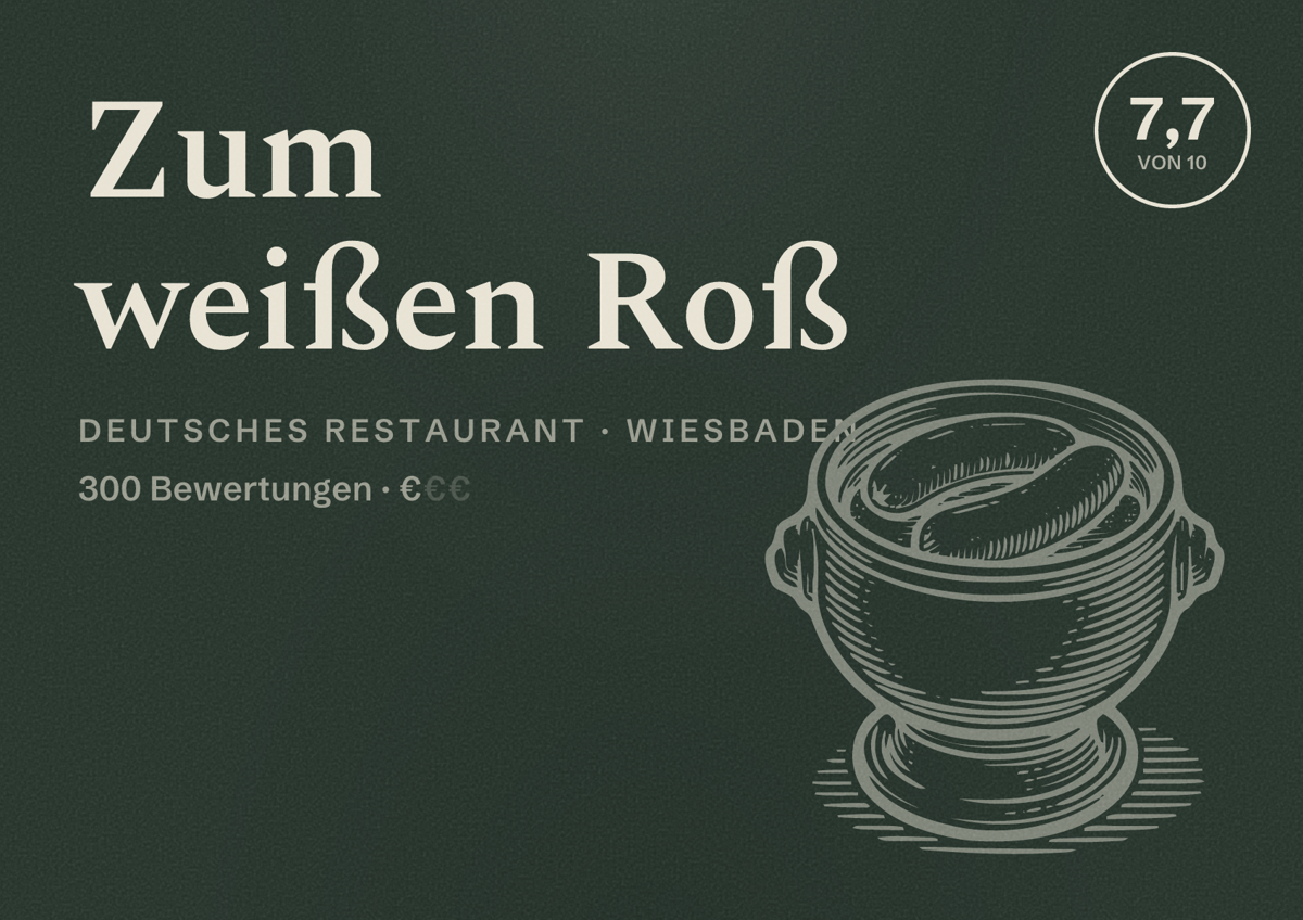 Illustriertes Poster von Zum weißen Roß, Deutsches Restaurant in Wiesbaden: Bewertung 7,7 von 10 aus 300 Bewertungen, Preisniveau €