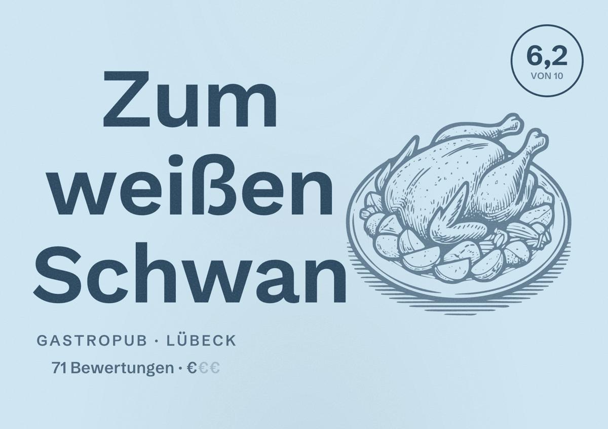 Illustriertes Poster von Zum weißen Schwan, Gastropub in Lübeck: Bewertung 6,2 von 10 aus 71 Bewertungen, Preisniveau €