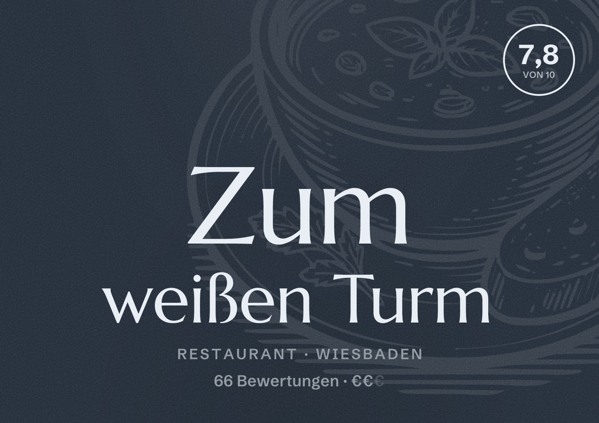 Illustriertes Poster von Zum weißen Turm, Restaurant in Wiesbaden: Bewertung 7,8 von 10 aus 66 Bewertungen, Preisniveau €€