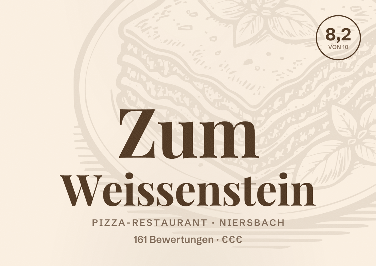 Illustriertes Poster von Zum Weissenstein, Pizza-Restaurant in Niersbach: Bewertung 8,2 von 10 aus 161 Bewertungen, Preisniveau €€€