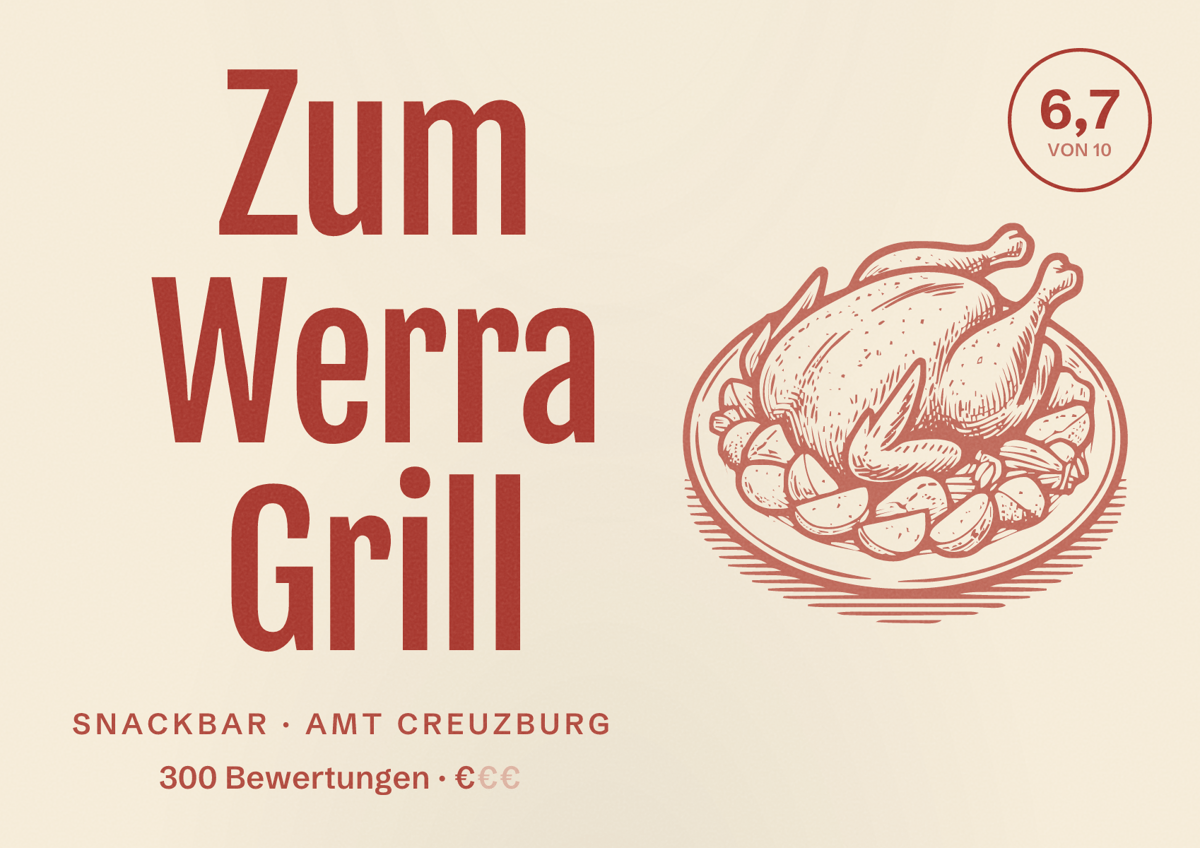 Illustriertes Poster von Zum Werra Grill, Snackbar in Amt Creuzburg: Bewertung 6,7 von 10 aus 300 Bewertungen, Preisniveau €