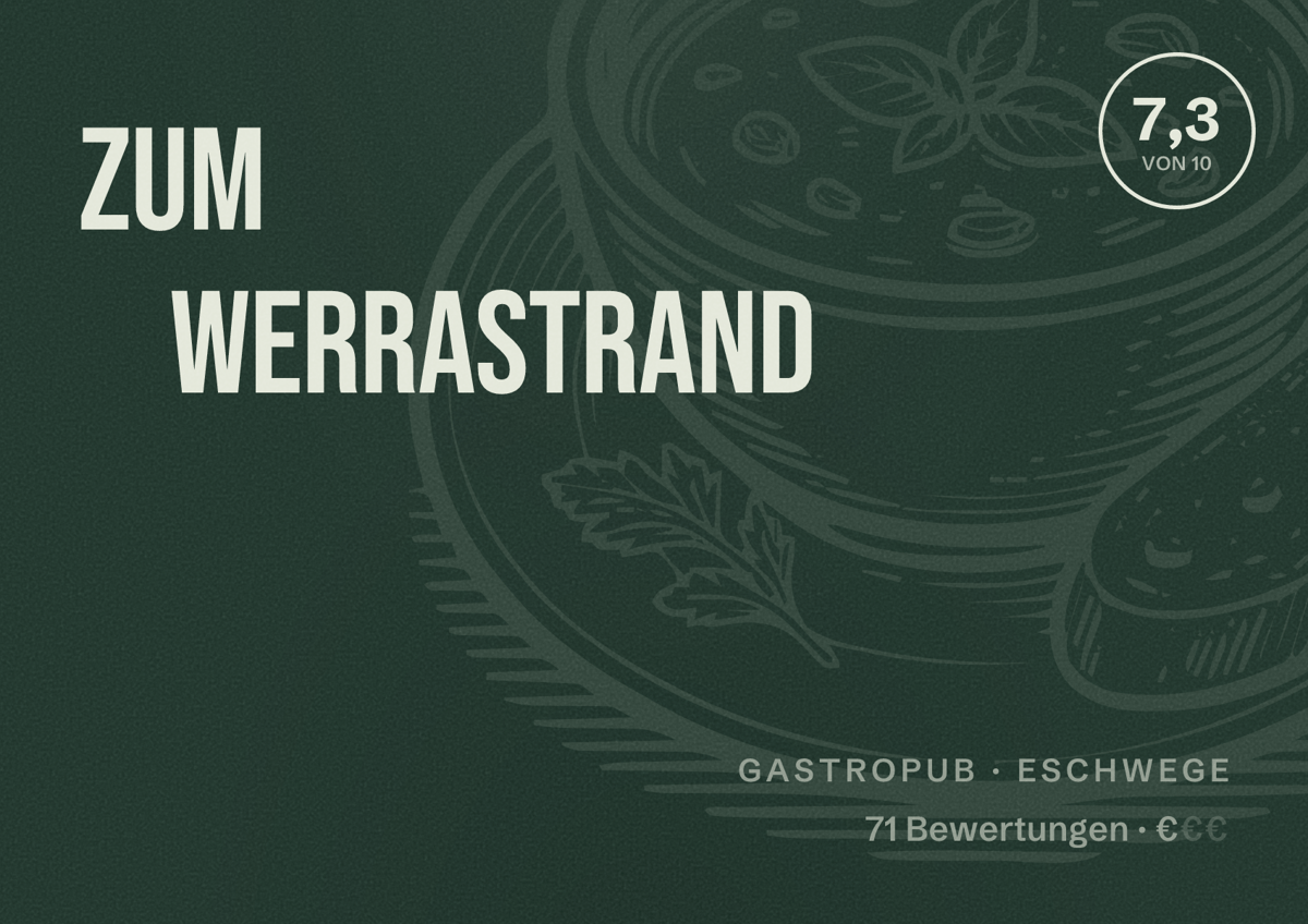 Illustriertes Poster von Zum Werrastrand, Gastropub in Eschwege: Bewertung 7,3 von 10 aus 71 Bewertungen, Preisniveau €