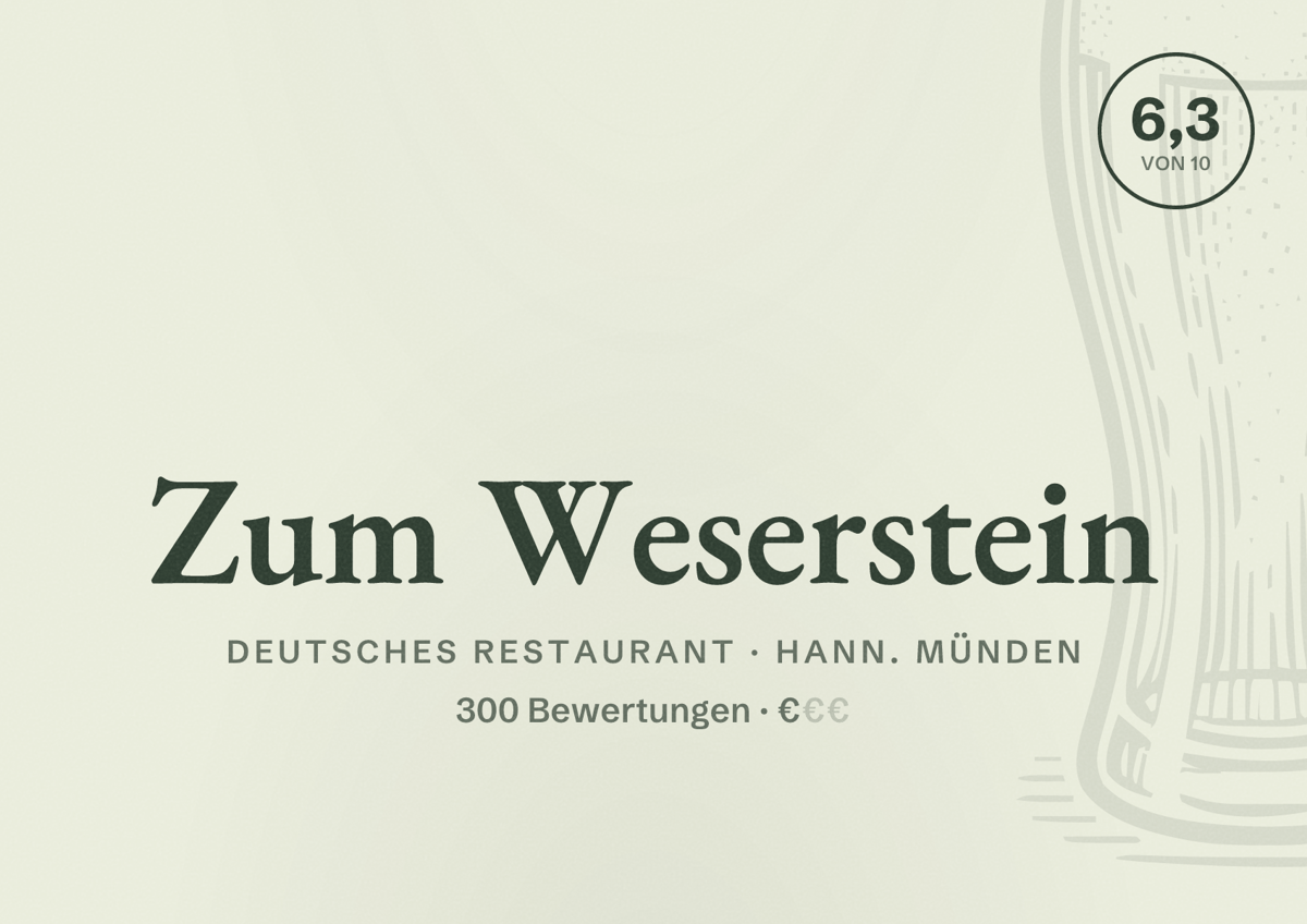 Illustriertes Poster von Zum Weserstein, Deutsches Restaurant in Hann. Münden: Bewertung 6,3 von 10 aus 300 Bewertungen, Preisniveau €