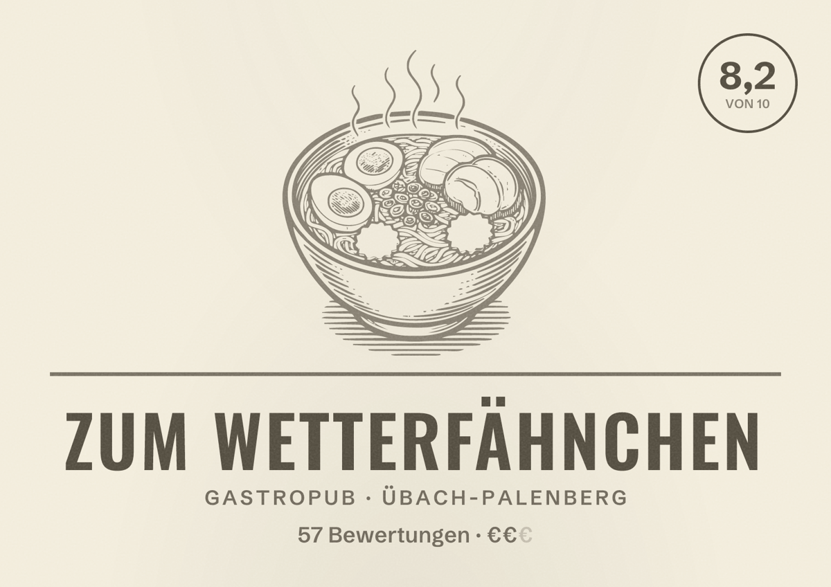 Illustriertes Poster von Zum Wetterfähnchen, Gastropub in Übach-Palenberg: Bewertung 8,2 von 10 aus 57 Bewertungen, Preisniveau €€