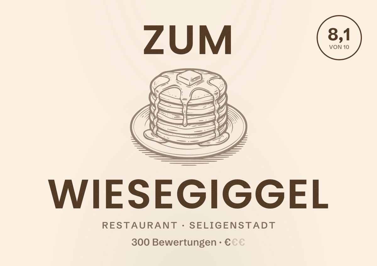 Illustriertes Poster von Zum Wiesegiggel, Restaurant in Seligenstadt: Bewertung 8,1 von 10 aus 300 Bewertungen, Preisniveau €