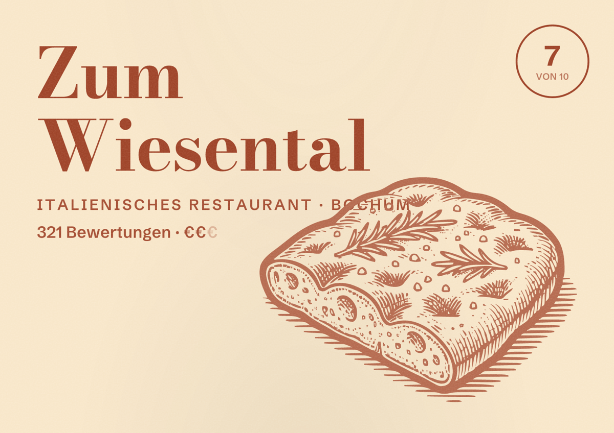 Illustriertes Poster von Zum Wiesental, Italienisches Restaurant in Bochum: Gästebewertung 7 von 10 aus 321 Bewertungen