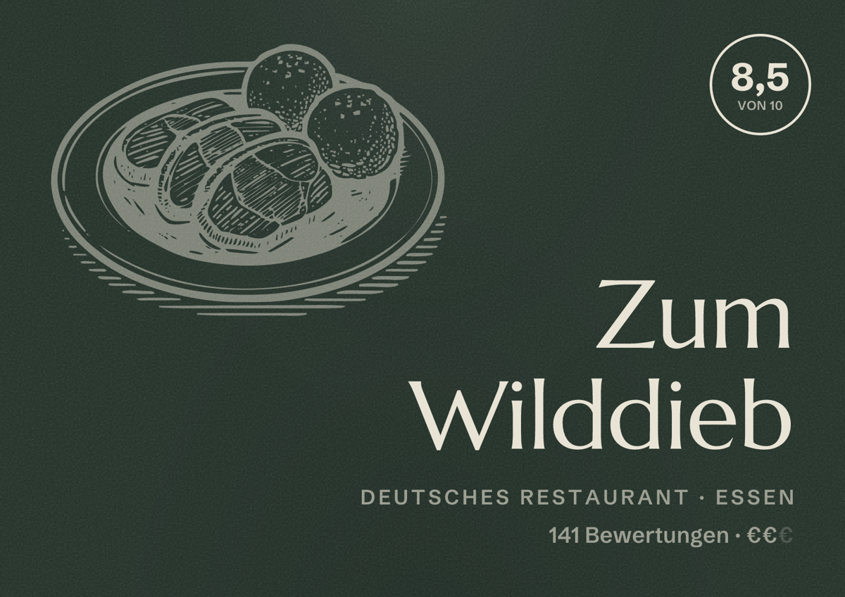 Illustriertes Poster von Zum Wilddieb, Deutsches Restaurant in Essen: Bewertung 8,5 von 10 aus 141 Bewertungen, Preisniveau €€