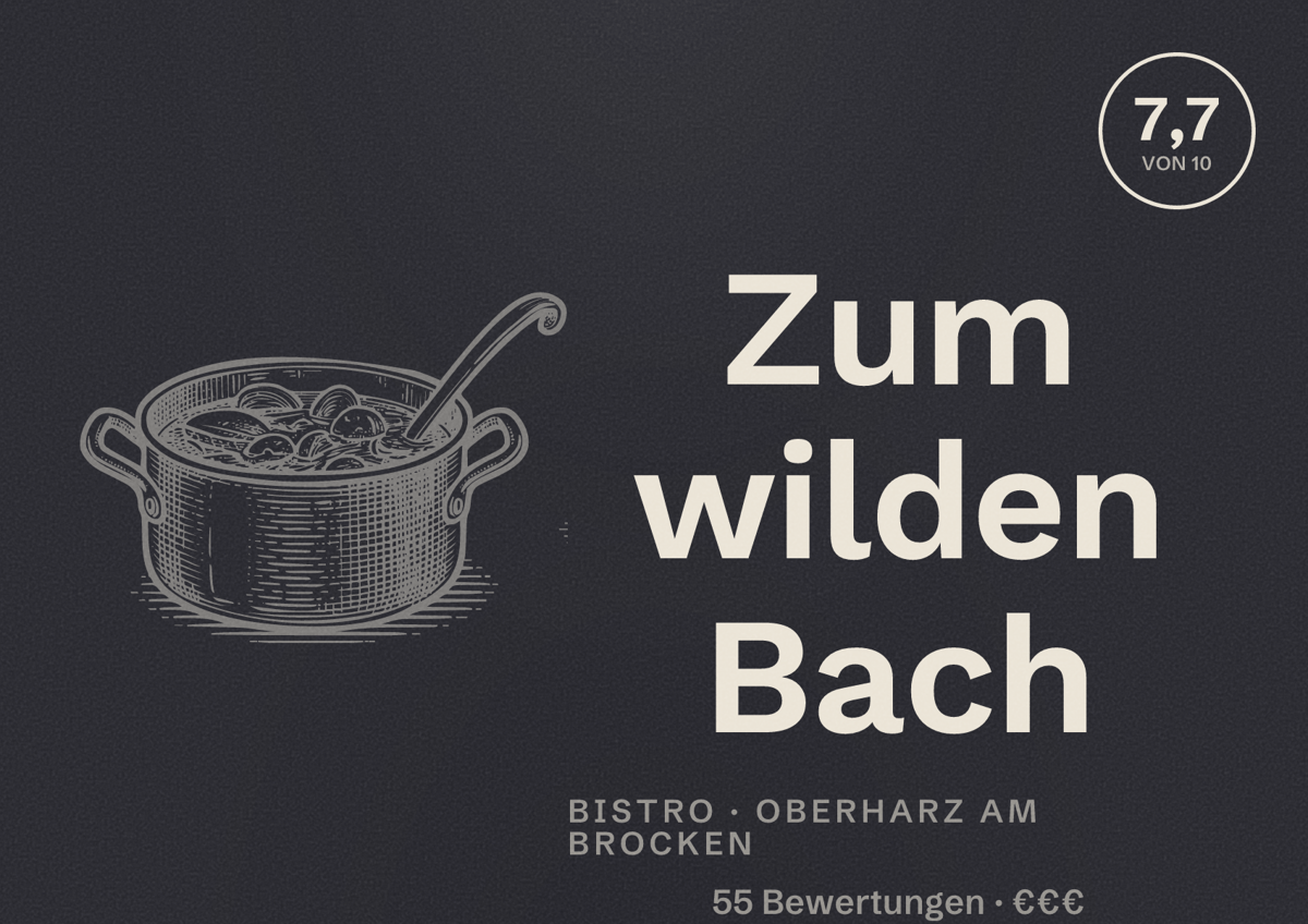 Illustriertes Poster von Zum wilden Bach, Bistro in Oberharz am Brocken: Bewertung 7,7 von 10 aus 55 Bewertungen, Preisniveau €€€