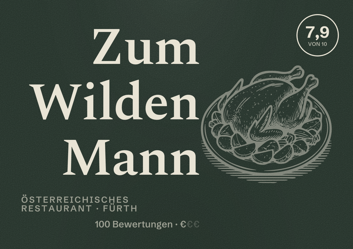 Illustriertes Poster von Zum Wilden Mann, Österreichisches Restaurant in Fürth: Bewertung 7,9 von 10 aus 100 Bewertungen, Preisniveau €