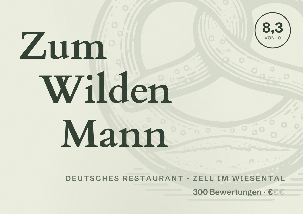 Illustriertes Poster von Zum Wilden Mann, Deutsches Restaurant in Zell im Wiesental: Bewertung 8,3 von 10 aus 300 Bewertungen, Preisniveau €