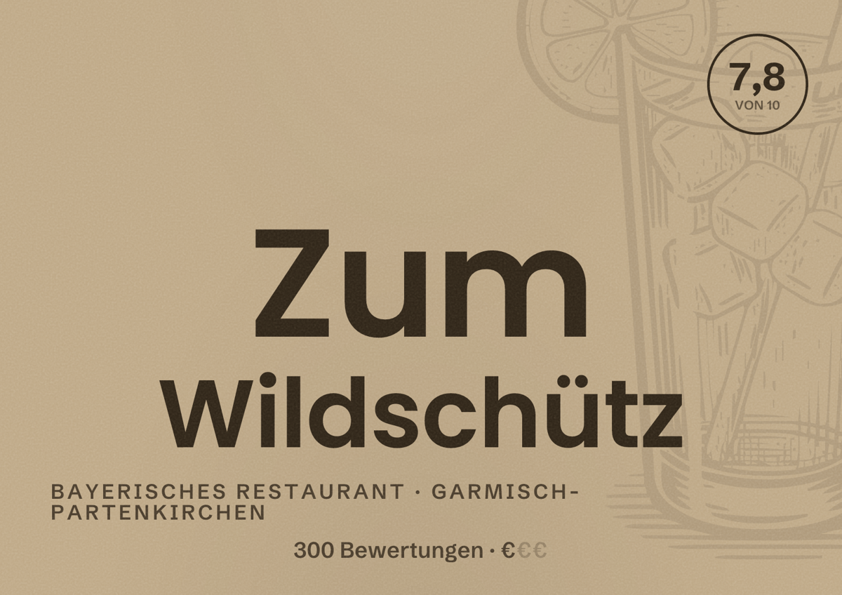 Illustriertes Poster von Zum Wildschütz, Bayerisches Restaurant in Garmisch-Partenkirchen: Bewertung 7,8 von 10 aus 300 Bewertungen, Preisniveau €