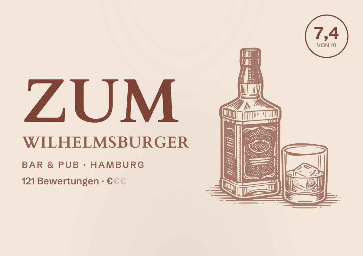 Illustriertes Poster von Zum Wilhelmsburger, Bar & Pub in Hamburg: Bewertung 7,4 von 10 aus 121 Bewertungen, Preisniveau €