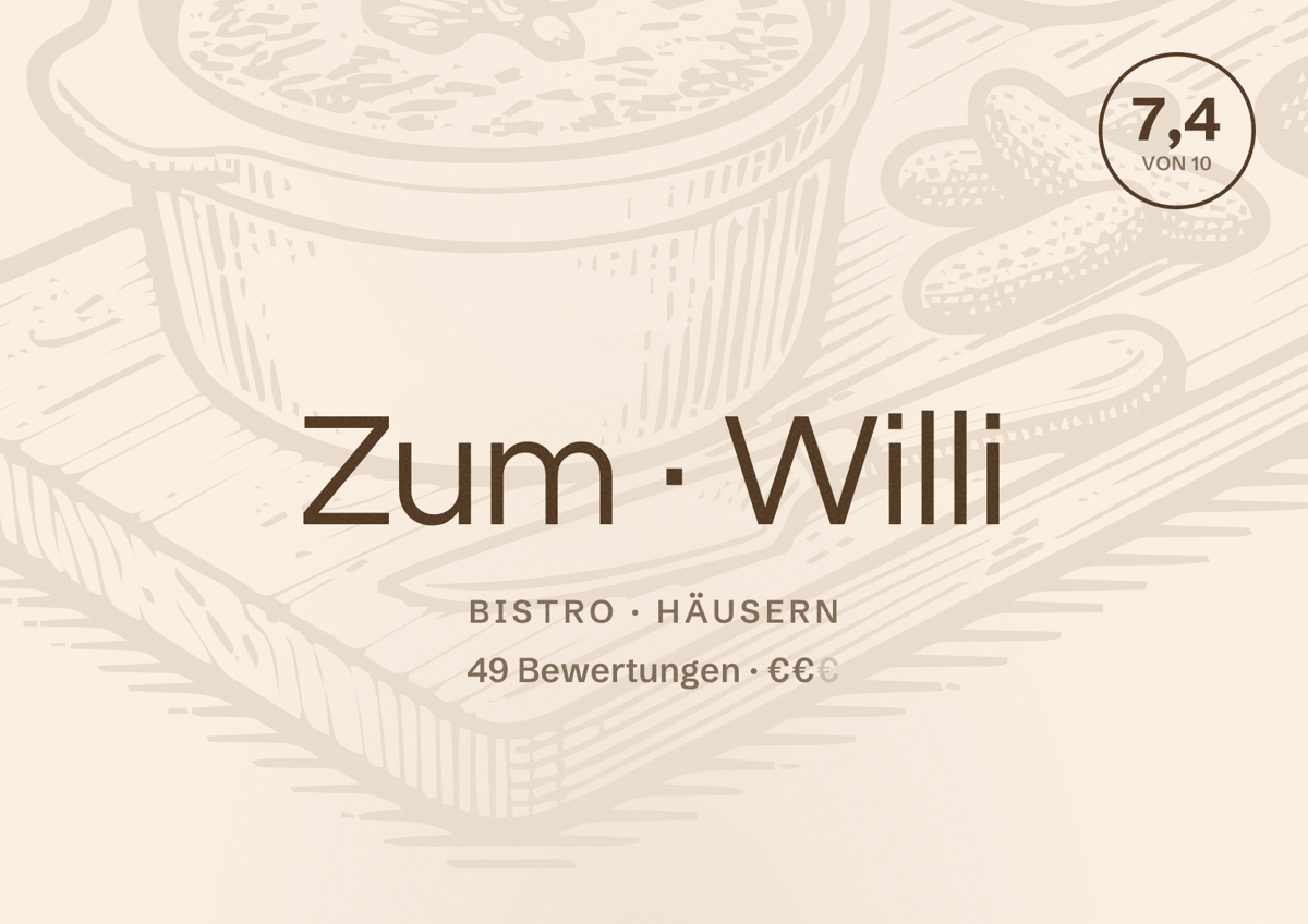 Illustriertes Poster von Zum Willi, Bistro in Häusern: Bewertung 7,4 von 10 aus 49 Bewertungen, Preisniveau €€