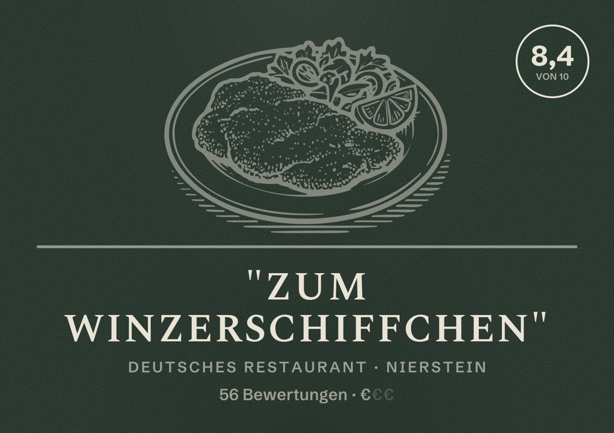 Illustriertes Poster von "Zum Winzerschiffchen", Deutsches Restaurant in Nierstein: Bewertung 8,4 von 10 aus 56 Bewertungen, Preisniveau €
