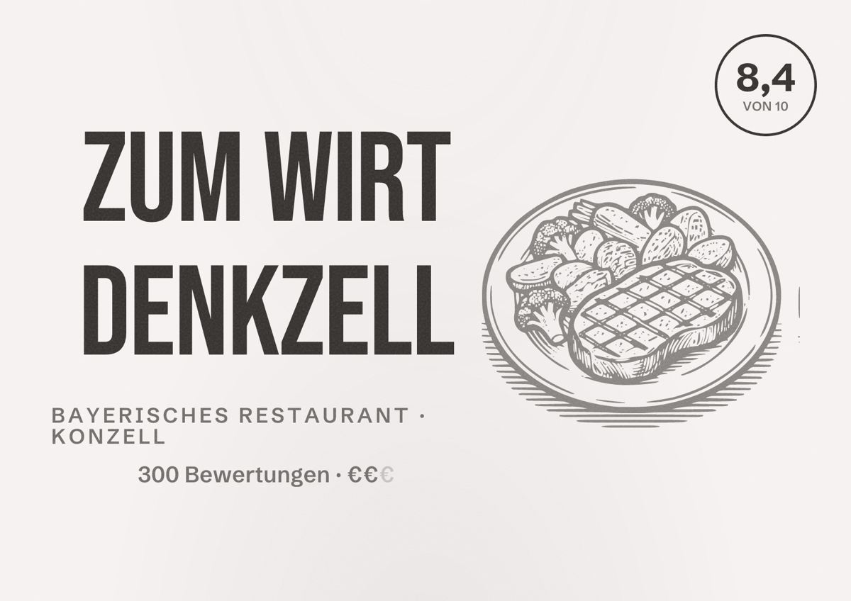 Illustriertes Poster von Zum Wirt Denkzell, Bayerisches Restaurant in Konzell: Bewertung 8,4 von 10 aus 300 Bewertungen, Preisniveau €€