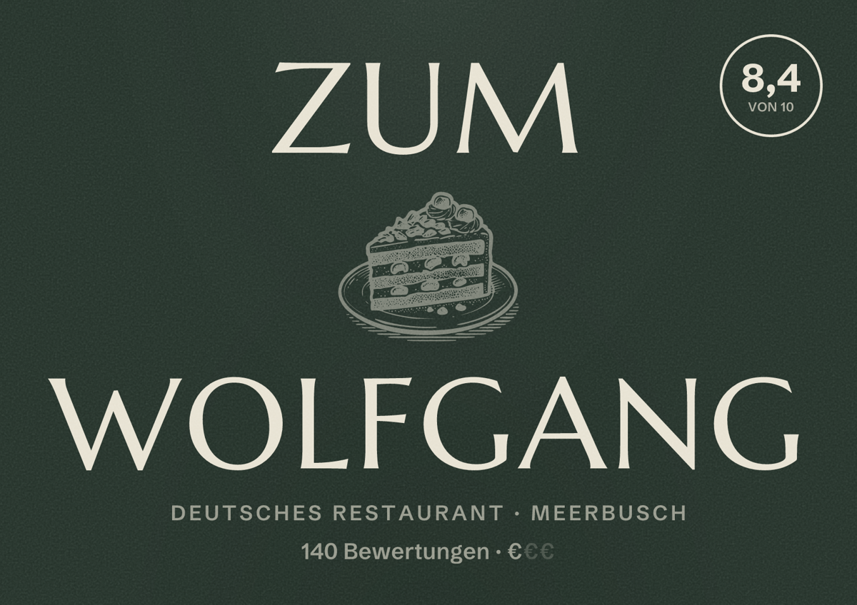 Illustriertes Poster von Zum Wolfgang, Deutsches Restaurant in Meerbusch: Bewertung 8,4 von 10 aus 140 Bewertungen, Preisniveau €