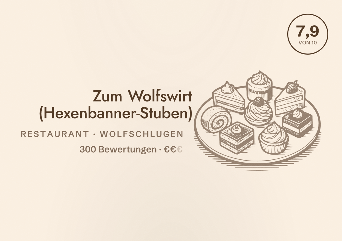 Illustriertes Poster von Zum Wolfswirt (Hexenbanner-Stuben), Restaurant in Wolfschlugen: Bewertung 7,9 von 10 aus 300 Bewertungen, Preisniveau €€