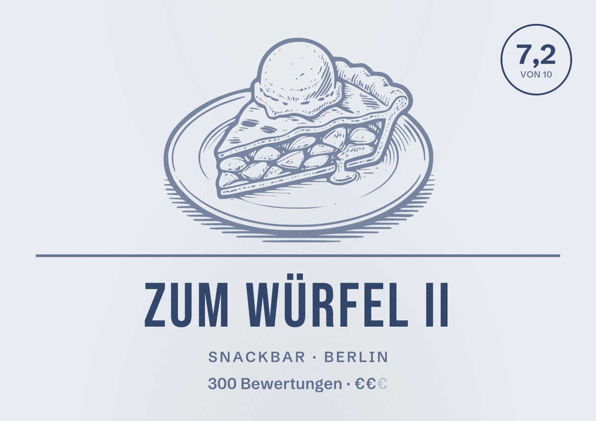 Illustriertes Poster von Zum Würfel II, Snackbar in Berlin: Bewertung 7,2 von 10 aus 300 Bewertungen, Preisniveau €€