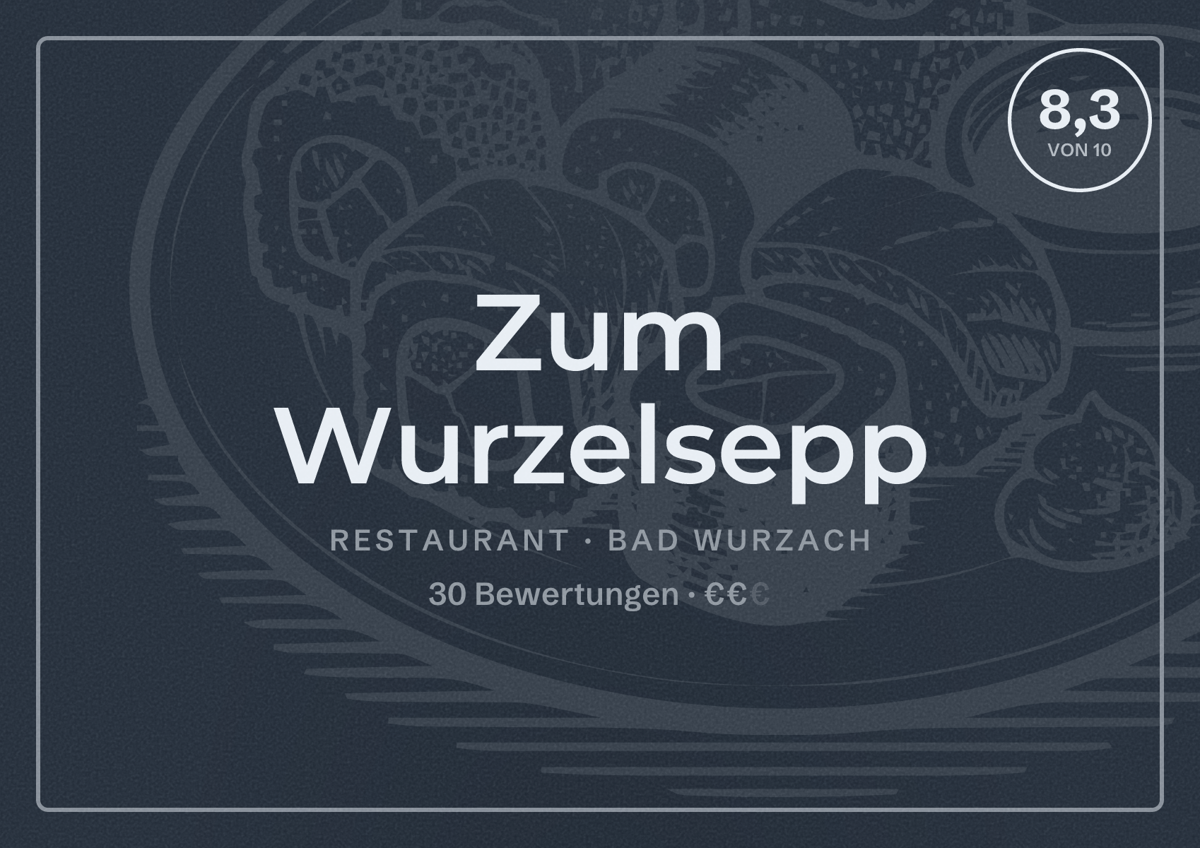 Illustriertes Poster von Zum Wurzelsepp, Restaurant in Bad Wurzach: Bewertung 8,3 von 10 aus 30 Bewertungen, Preisniveau €€