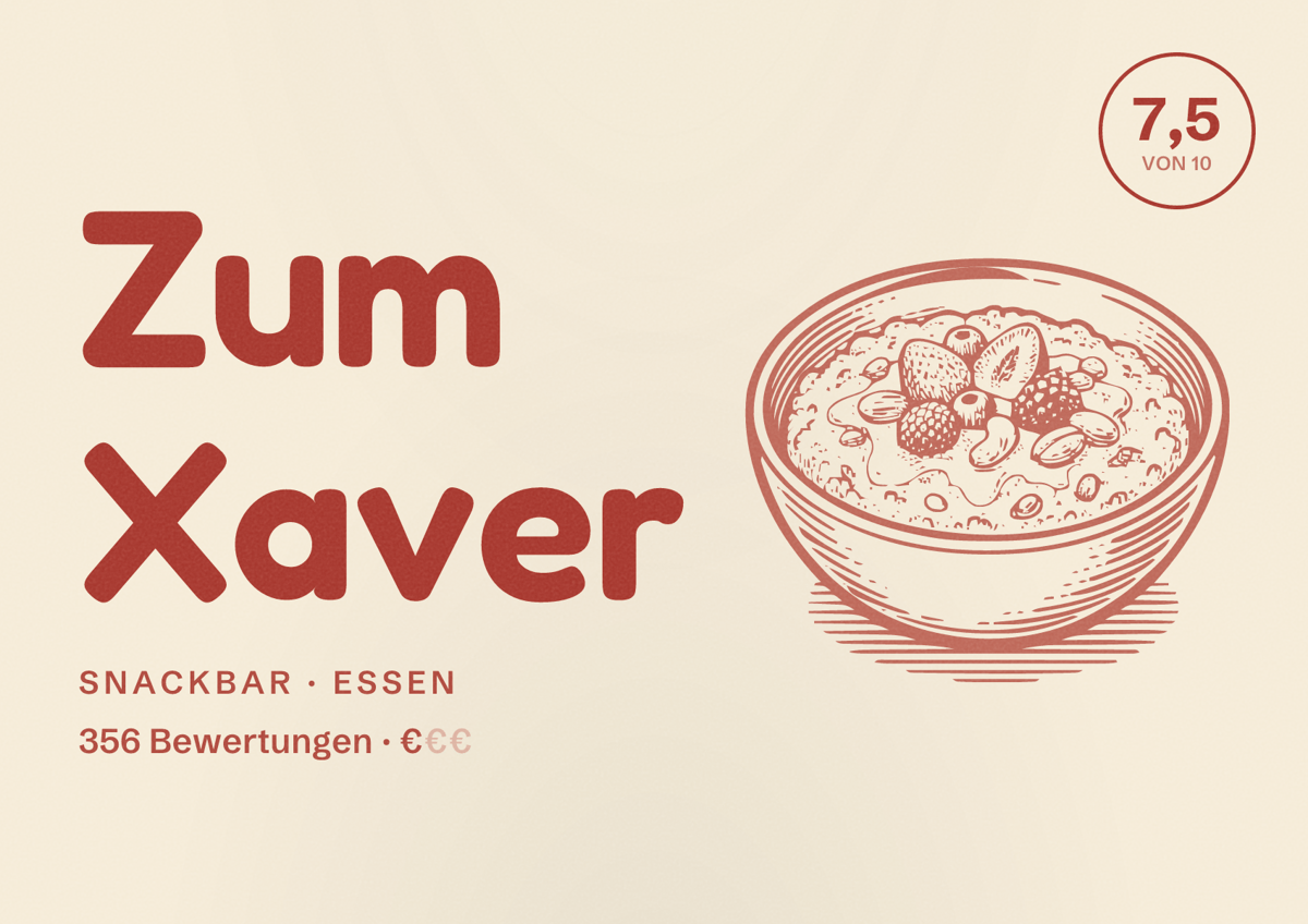 Illustriertes Poster von Zum Xaver, Snackbar in Essen: Bewertung 7,5 von 10 aus 356 Bewertungen, Preisniveau €