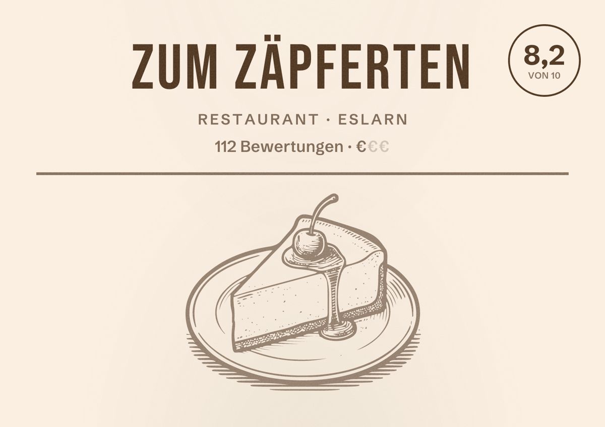 Illustriertes Poster von Zum Zäpferten, Restaurant in Eslarn: Bewertung 8,2 von 10 aus 112 Bewertungen, Preisniveau €