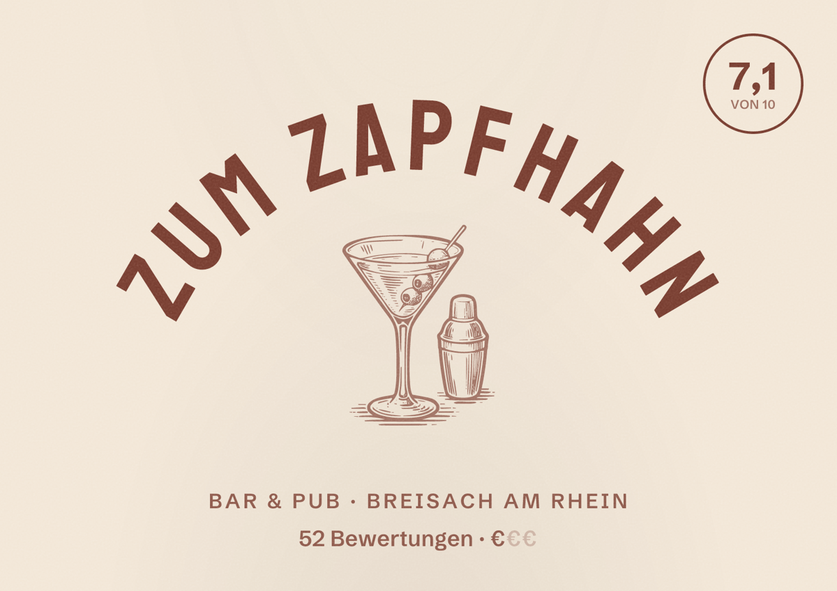 Illustriertes Poster von Zum Zapfhahn, Bar & Pub in Breisach am Rhein: Bewertung 7,1 von 10 aus 52 Bewertungen, Preisniveau €