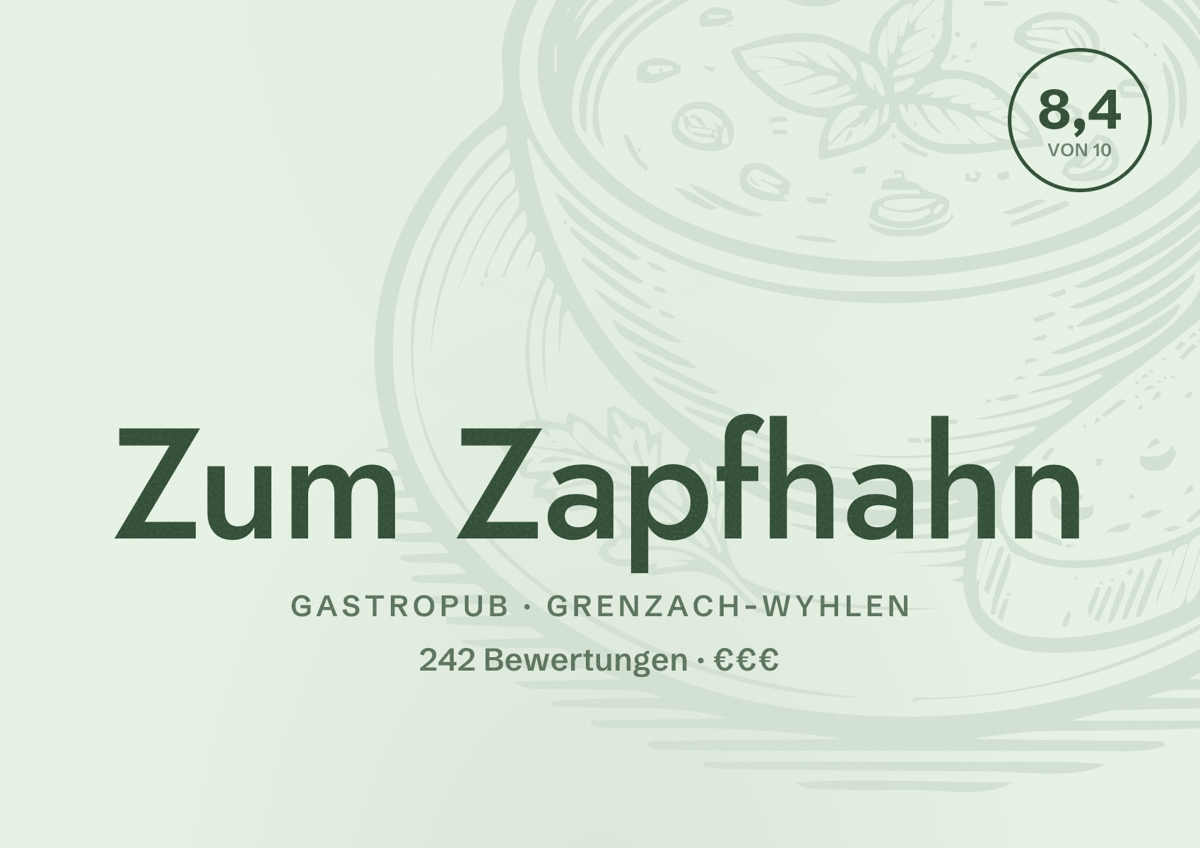 Illustriertes Poster von Zum Zapfhahn, Gastropub in Grenzach-Wyhlen: Bewertung 8,4 von 10 aus 242 Bewertungen, Preisniveau €€€