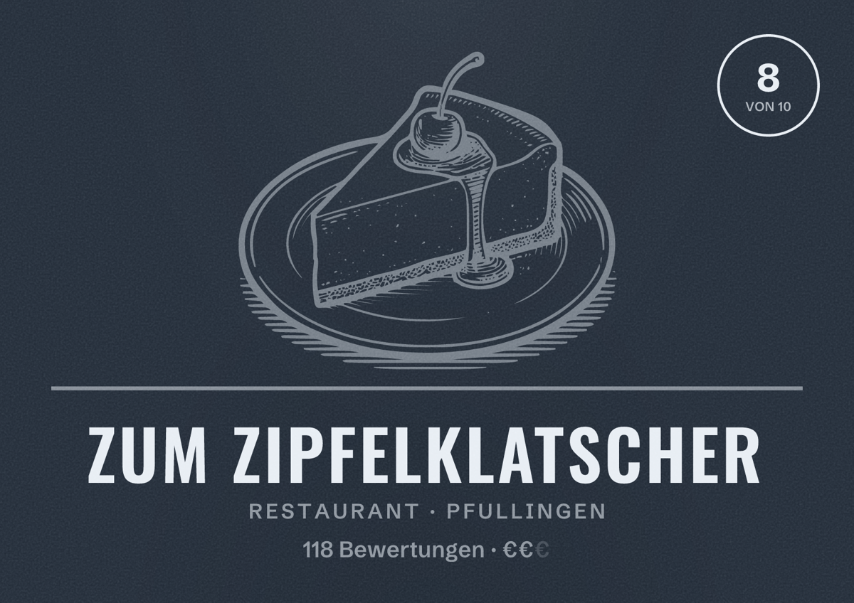 Illustriertes Poster von Zum Zipfelklatscher, Restaurant in Pfullingen: Bewertung 8 von 10 aus 118 Bewertungen, Preisniveau €€