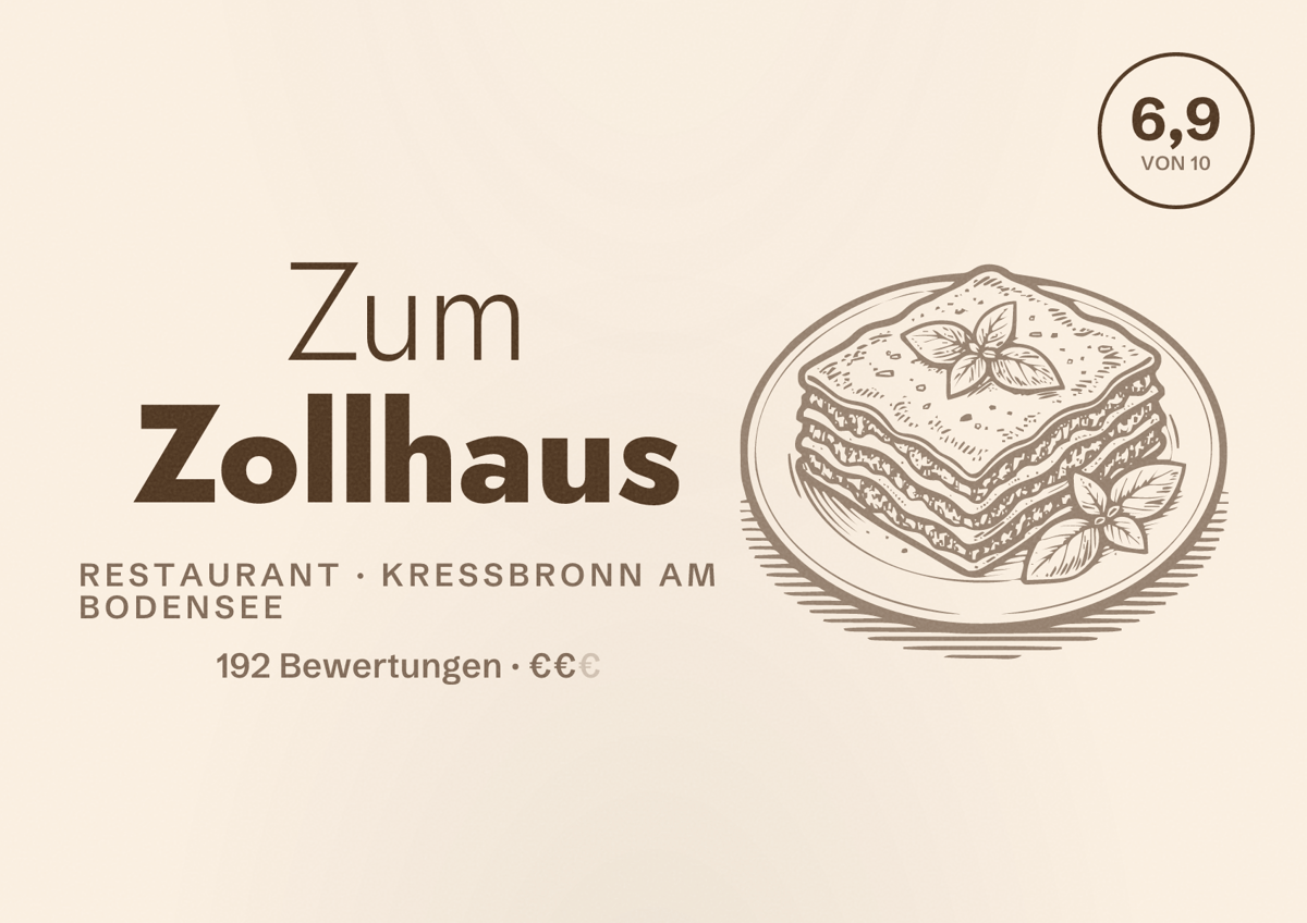 Illustriertes Poster von Zum Zollhaus, Restaurant in Kressbronn am Bodensee: Bewertung 6,9 von 10 aus 192 Bewertungen, Preisniveau €€
