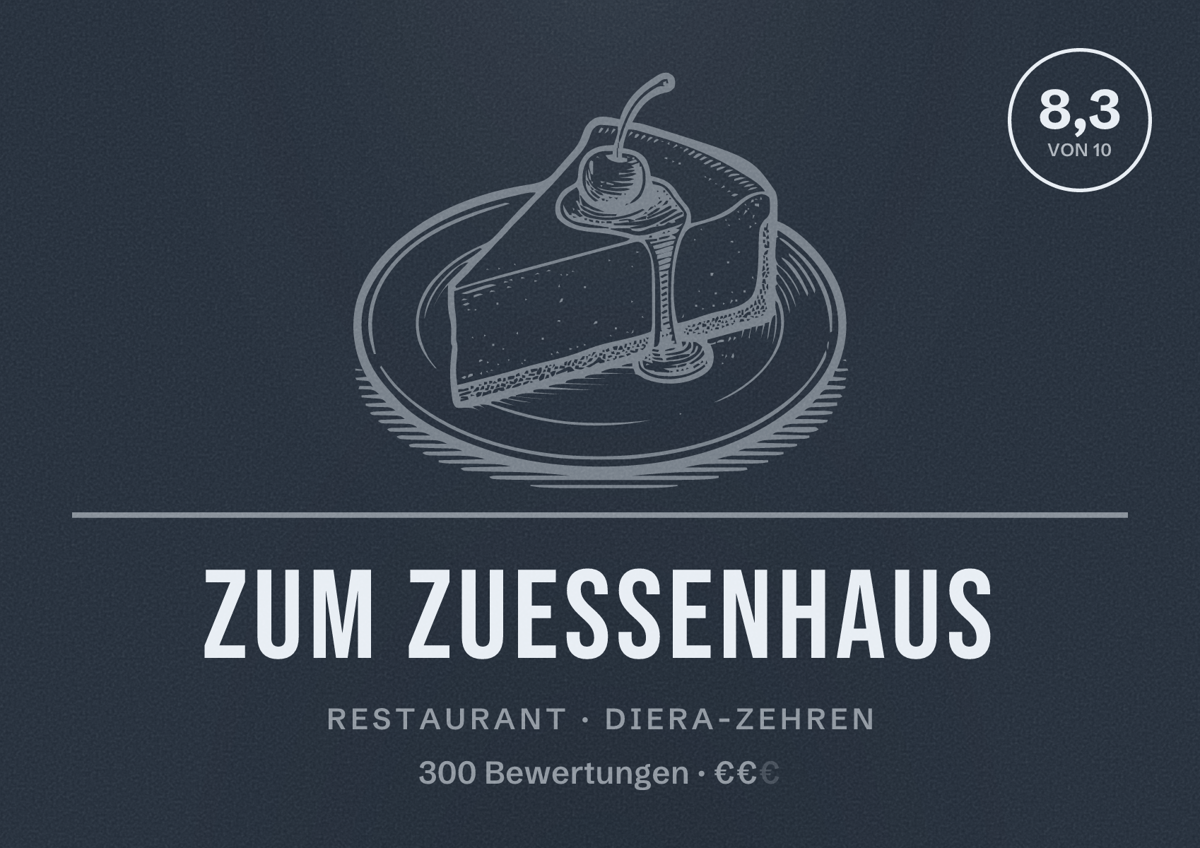 Illustriertes Poster von Zum Zuessenhaus, Restaurant in Diera-Zehren: Bewertung 8,3 von 10 aus 300 Bewertungen, Preisniveau €€