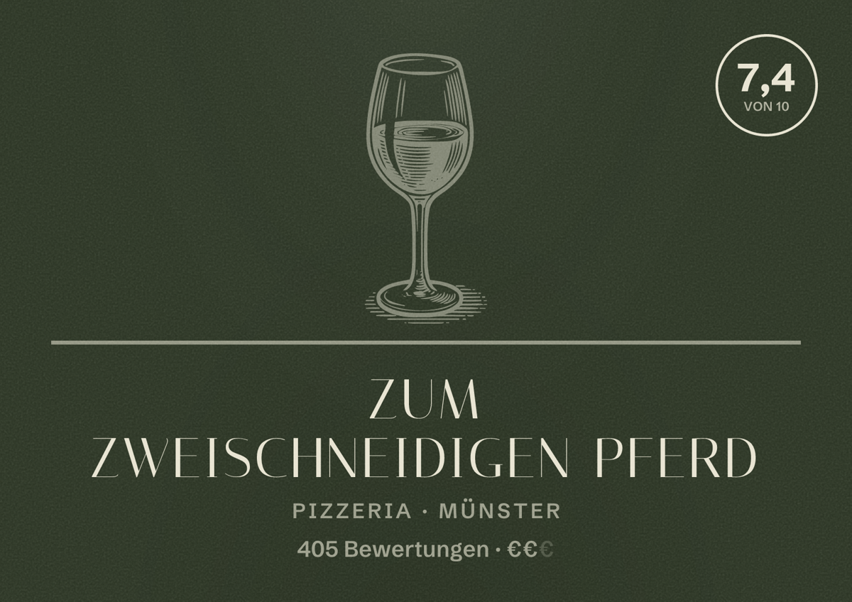 Illustriertes Poster von Zum zweischneidigen Pferd, Pizzeria in Münster: Gästebewertung 7,4 von 10 aus 405 Bewertungen