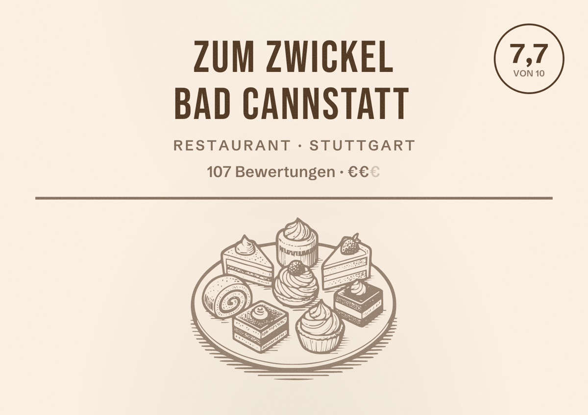 Illustriertes Poster von Zum Zwickel Bad Cannstatt, Restaurant in Stuttgart: Bewertung 7,7 von 10 aus 107 Bewertungen, Preisniveau €€