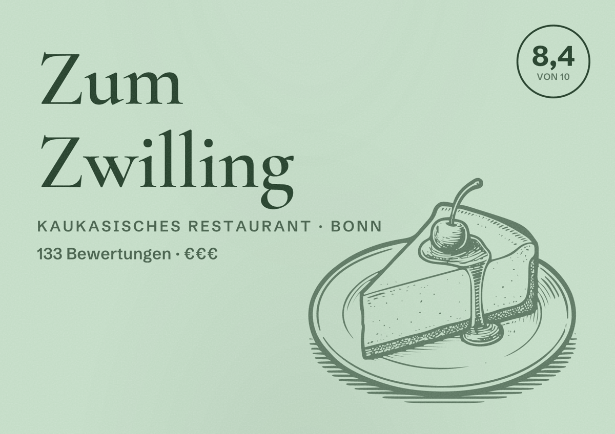 Illustriertes Poster von Zum Zwilling, Kaukasisches Restaurant in Bonn: Bewertung 8,4 von 10 aus 133 Bewertungen, Preisniveau €€€